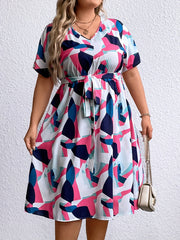 Colorblock Geometric Print V Neck Dress With Belt