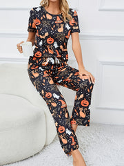 Halloween Loungewear Ghost & Pumpkin Print Tee & Pants Pajama Set