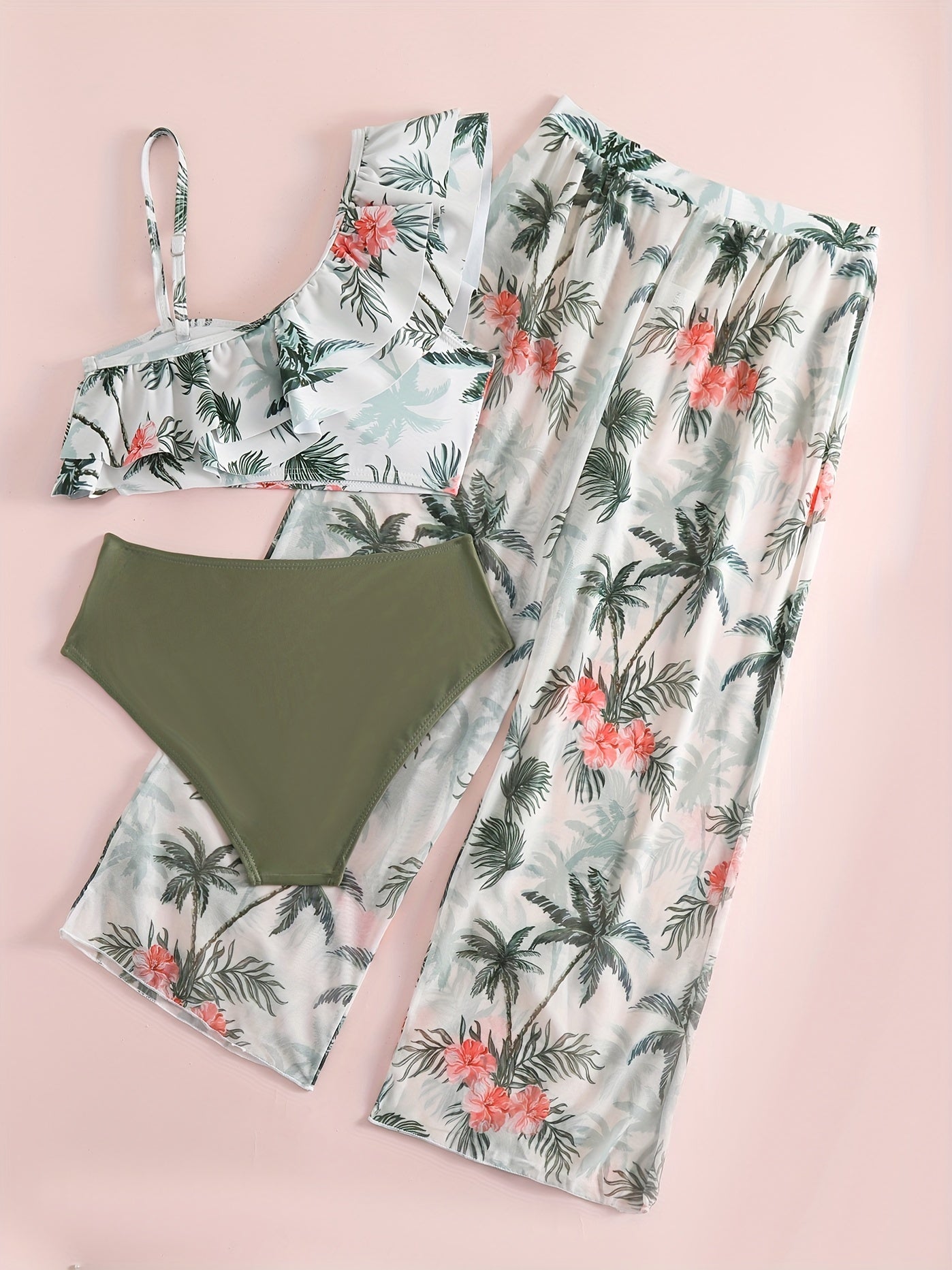Girl's Bikini Swimsuit 3pcs Ruffle Decor Camisole & Briefs & Pants Set
