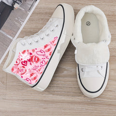 Love & Heart Print Plush Lined Chunky Canvas Sneakers