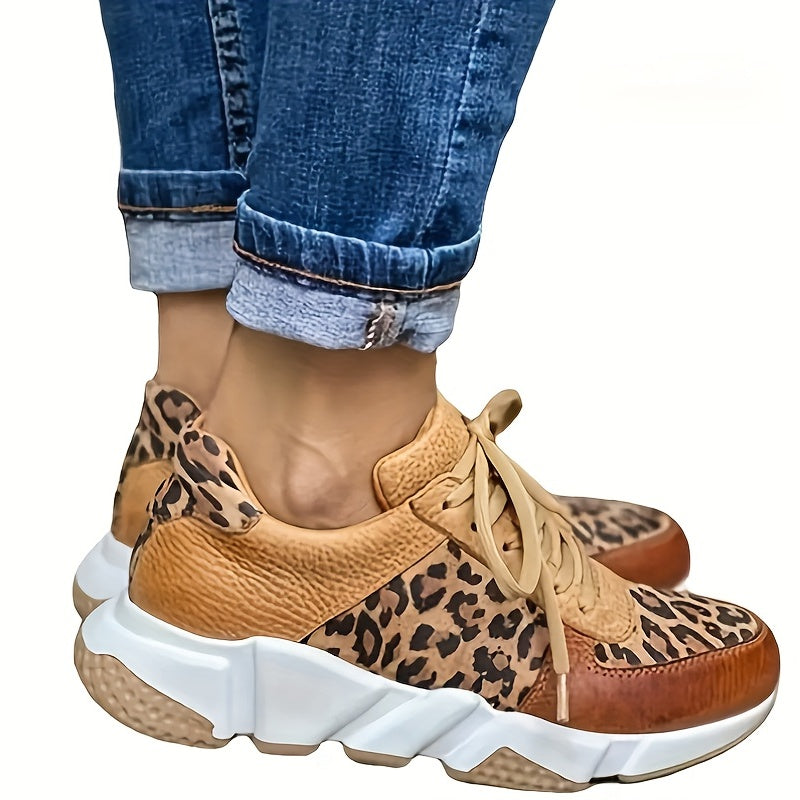 Leopard Print Wedge Lace Up Walking Shoes Non Slip Sneakers