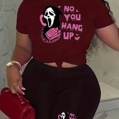 No You Hang Up Print 2pcs Set Short Sleeve T Shirt & Shorts