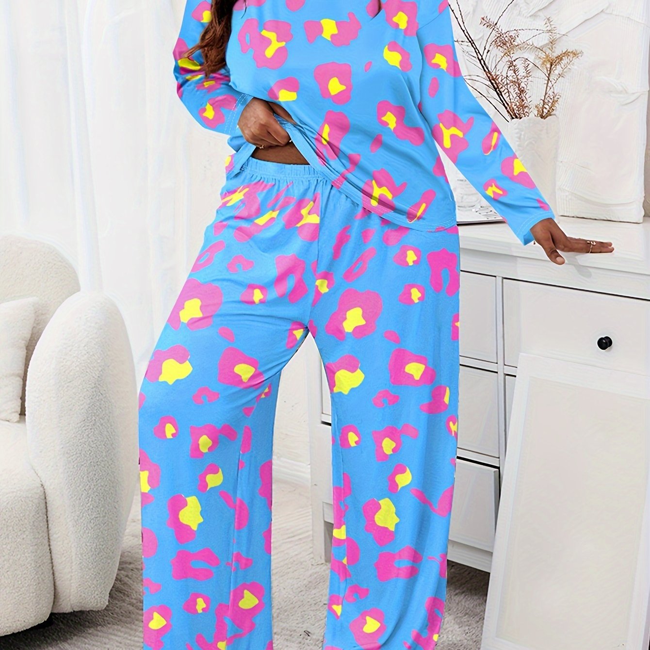 Leopard Print Pajama Set Long Sleeve Tee & Pants