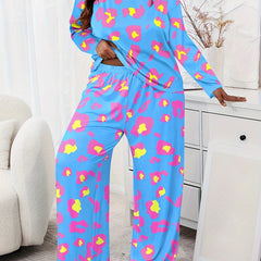 Leopard Print Pajama Set Long Sleeve Tee & Pants