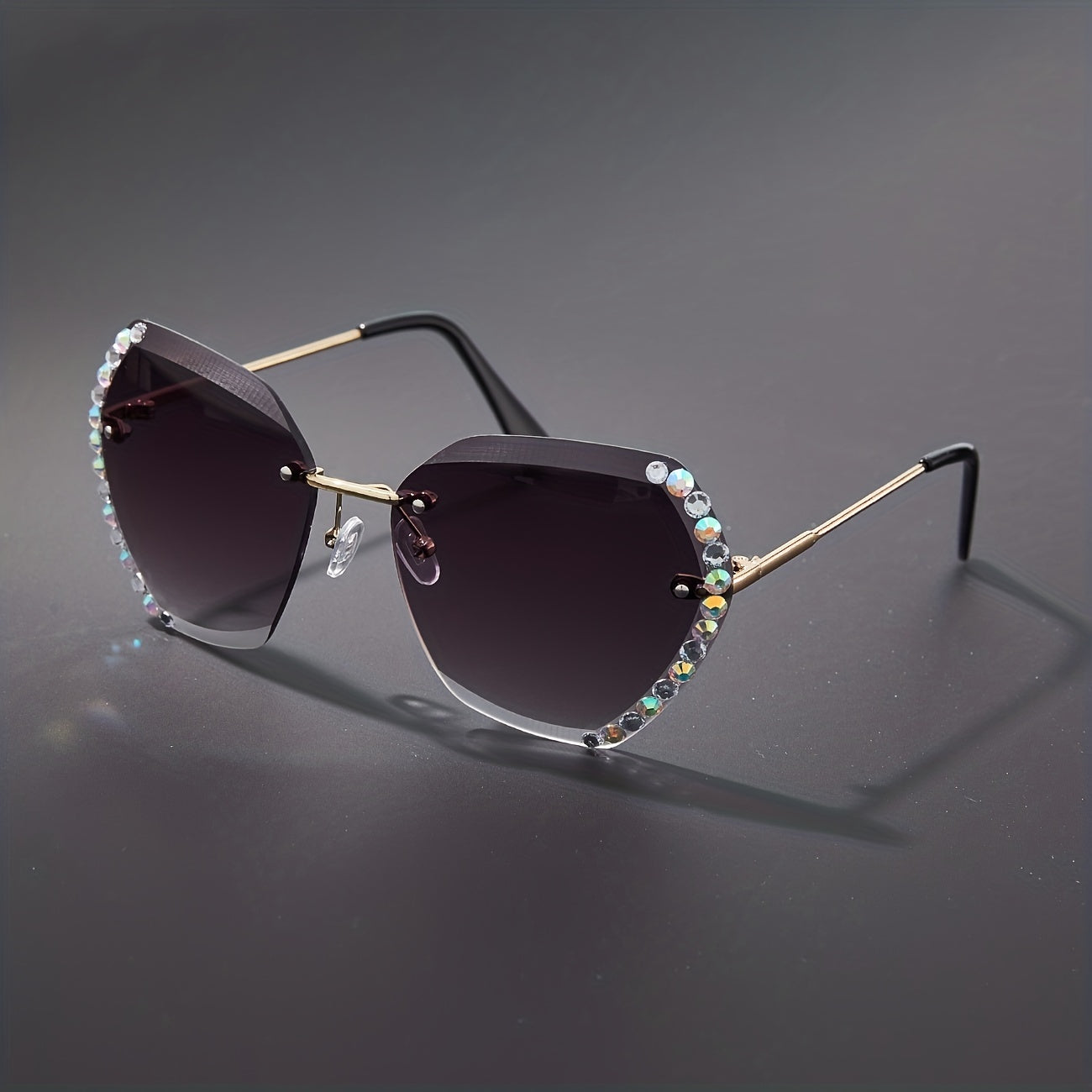 Rimless Ombre Lens Sunglasses Rhinestone Decor Glasses