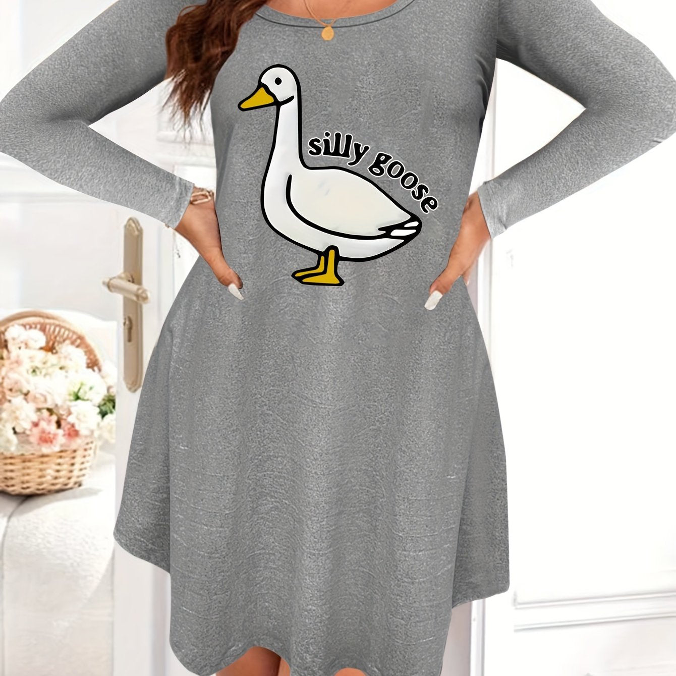 Nightdress Women's Plus Goose & Letter Print Long Sleeve Tee
