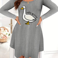 Nightdress Women's Plus Goose & Letter Print Long Sleeve Tee
