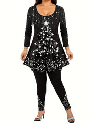 Glitter Christmas Tree & Star Print Tunic Top & Leggings Set