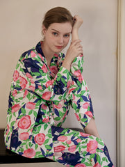 Floral & Cat Print Pajama Set Long Sleeve Top & Pants Women's Sleepwear