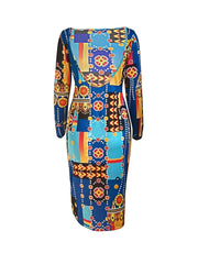 Backless Abstract Print Dress Sexy Long Sleeve Bodycon Midi Dress