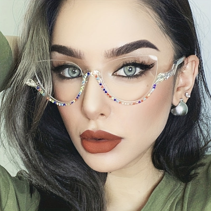 Semi Rimless Clear Lens Rhinestone Cat Eye Glasses