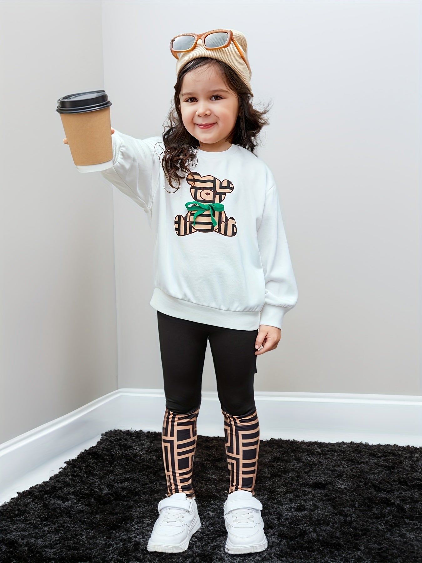 Girl's Geometric Bear Outfit 2pcs Set Spring Fall