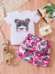 Girl's Camo Sunglasses Print T-Shirt & Shorts Set for Summer