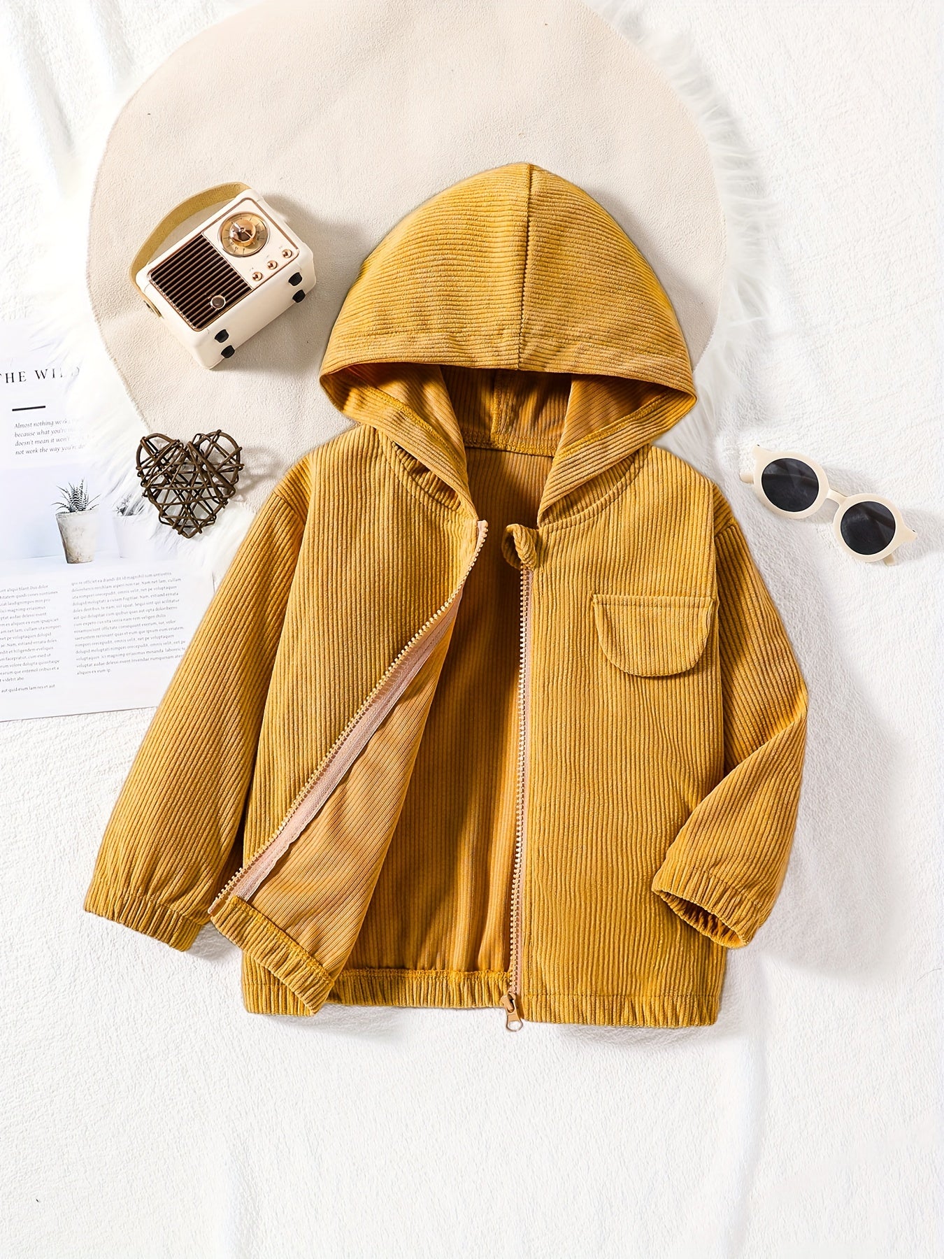 Boys Corduroy Zip Hooded Jacket With Pocket