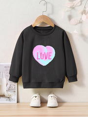 Girls Love Heart Print Crew Neck Sweatshirt for Fall Winter