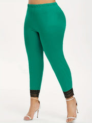 Casual Leggings Women's Plus Contrast Lace Trim Skinny Leggings