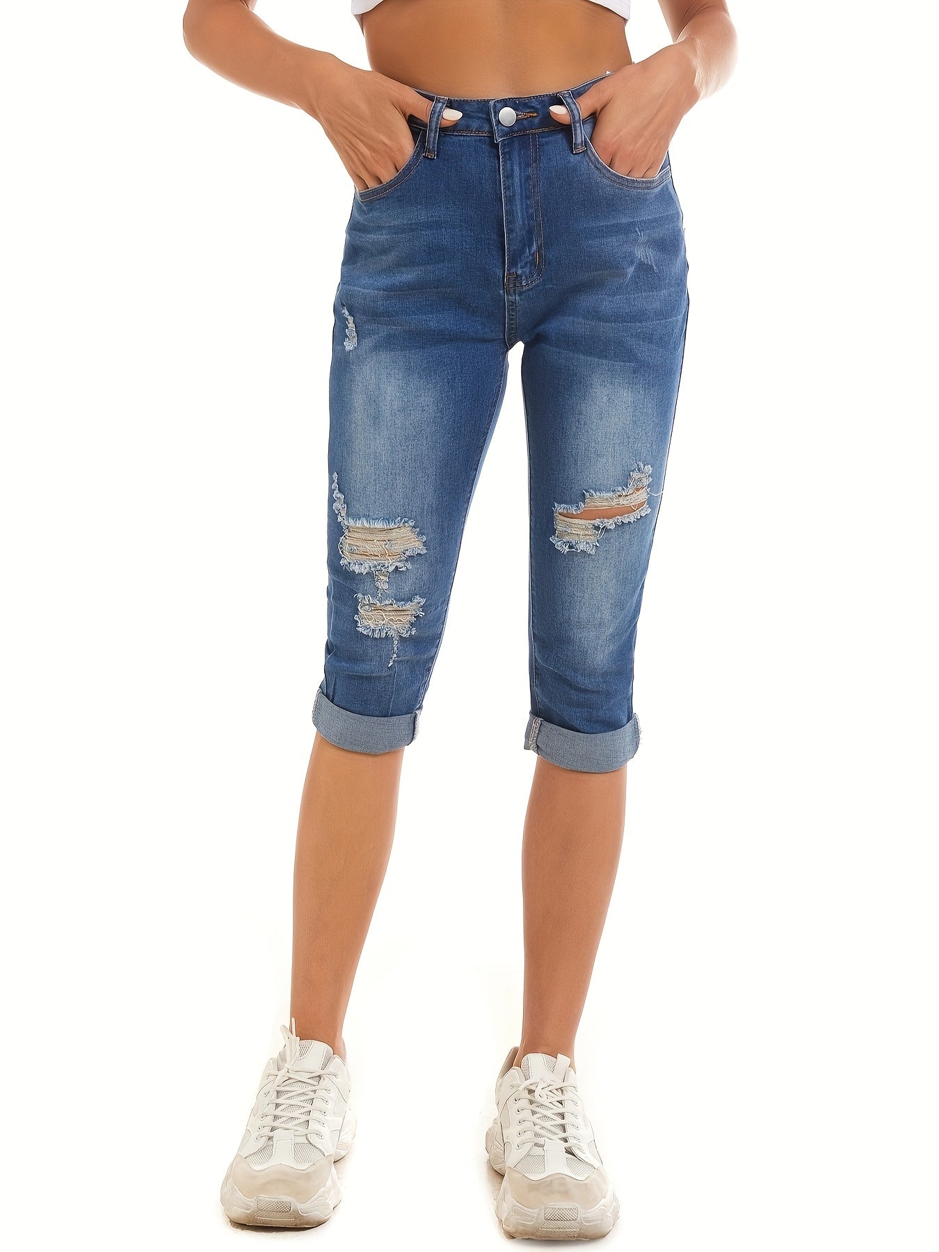 Women's Ripped Holes Capris Jeans Slim Fit Mid Stretch Denim Pants