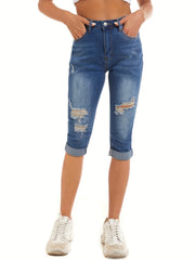 Women's Ripped Holes Capris Jeans Slim Fit Mid Stretch Denim Pants