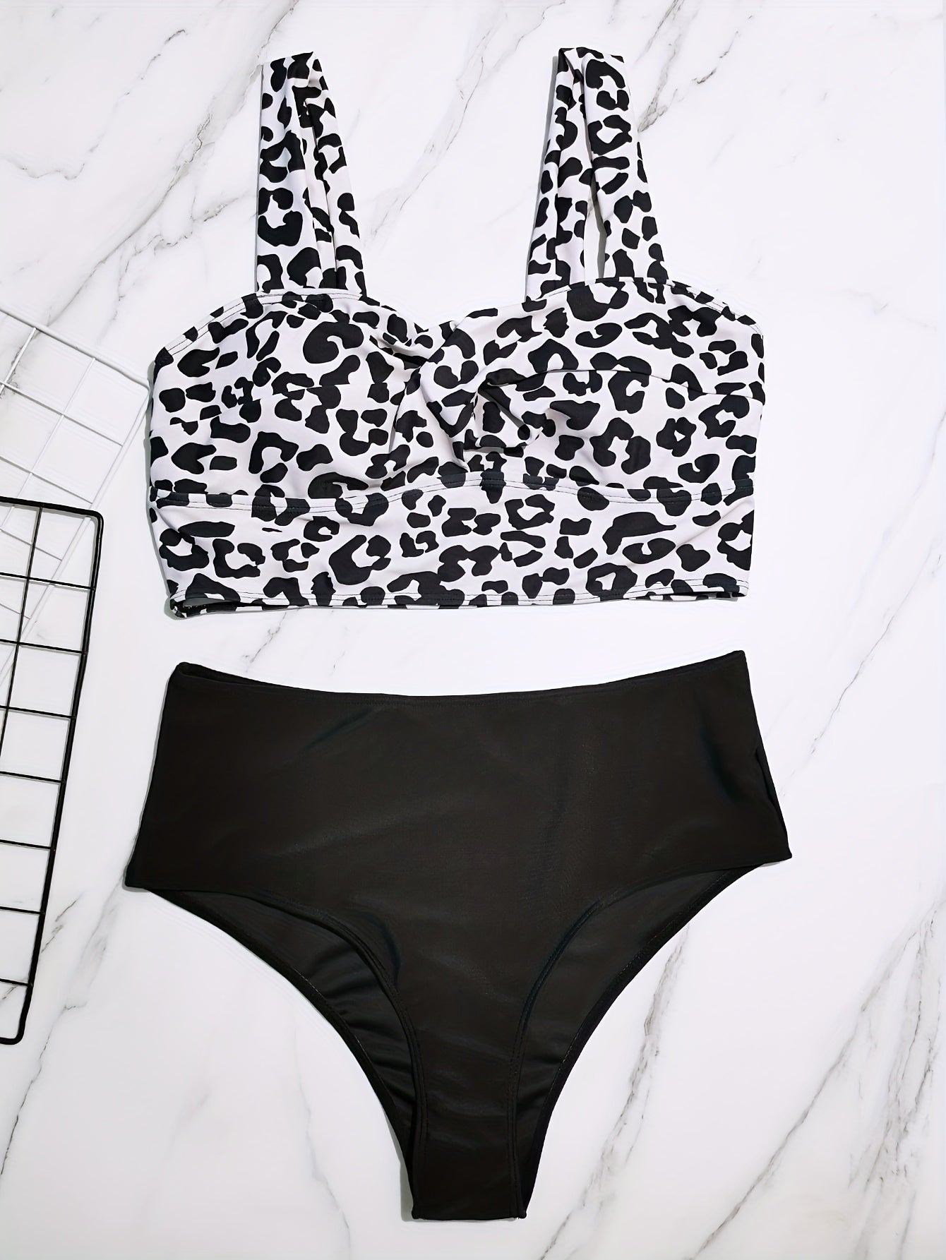 Leopard Print Ruched Bra & Solid High Rise Panty Swimsuit Set