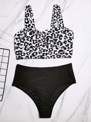 Leopard Print Ruched Bra & Solid High Rise Panty Swimsuit Set