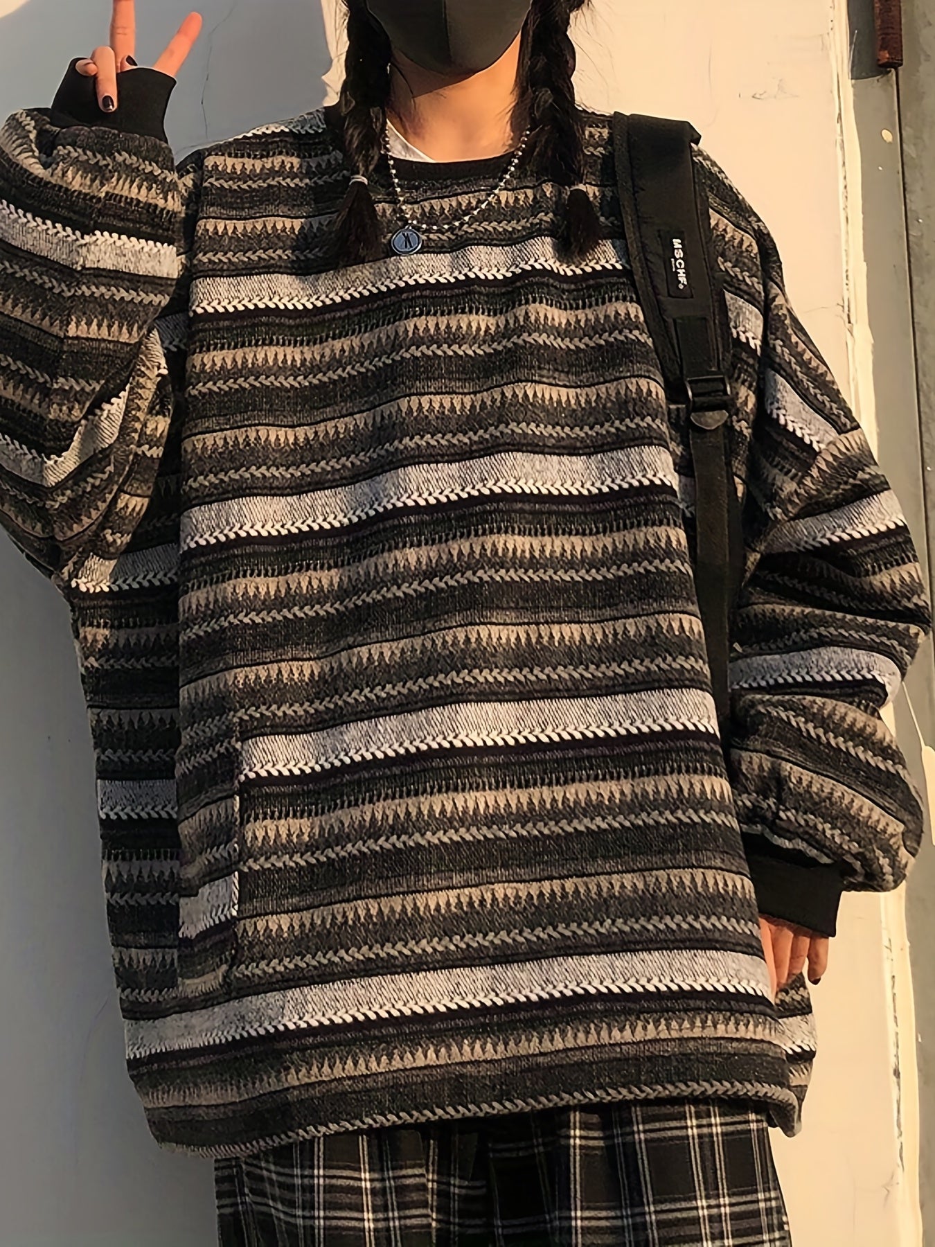 Striped Drop Shoulder Sweatshirt Casual Crew Neck Pullover
