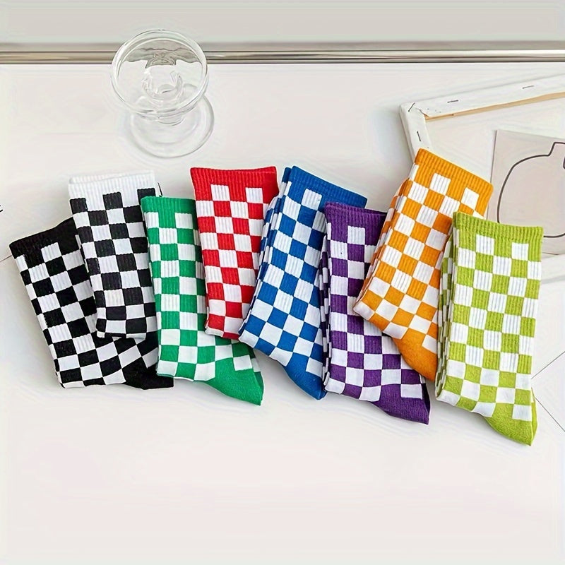 8 Pairs Plaid Crew Socks for Women Comfy & Breathable All Match Stockings
