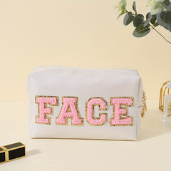 Preppy Letter Patch Makeup Bag Cosmetic Toiletry Bag Zipper Pouch
