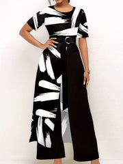 Brush Print Wide Leg Jumpsuit Short Sleeve Jumpsuit