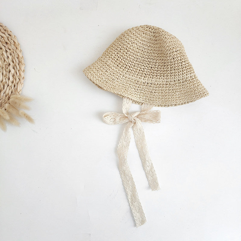 Girls Braided Straw Hat With Lace Straps Sun Protection
