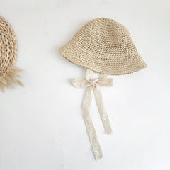 Girls Braided Straw Hat With Lace Straps Sun Protection