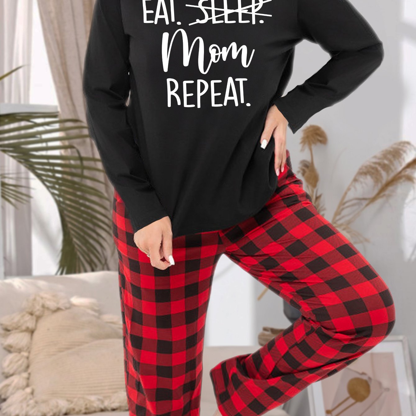 Casual Pajamas Set Women's Plus Letter Graphic Tee & Plaid