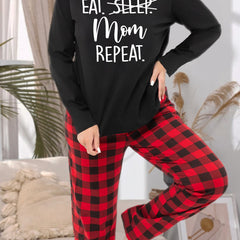 Casual Pajamas Set Women's Plus Letter Graphic Tee & Plaid