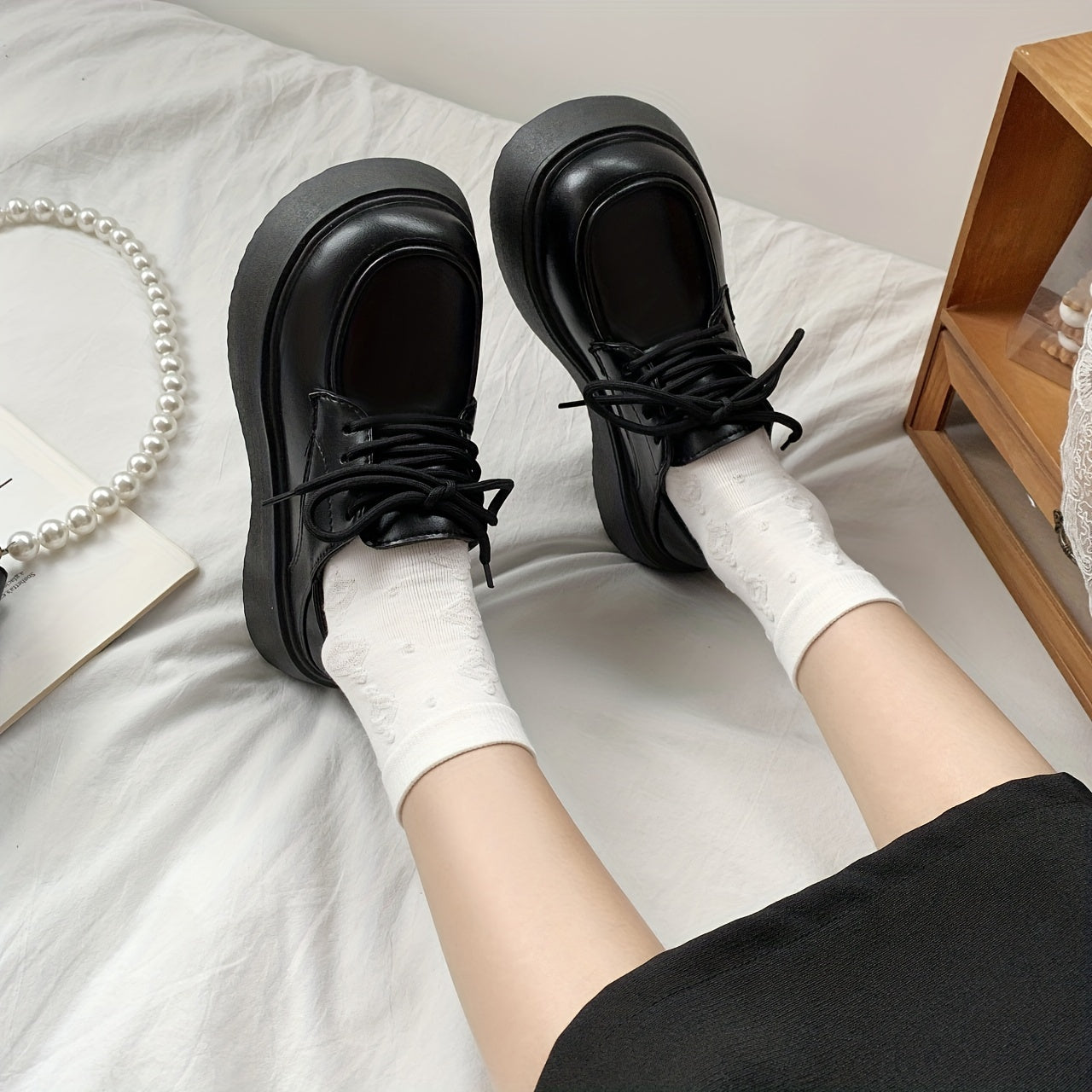 Women's Platform Loafers Lace Up Faux Leather Shoes Comfortable