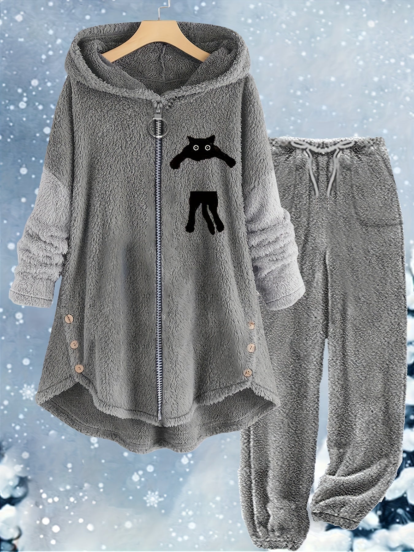 Women's Plus Cat Long Sleeve Zipper Teddy Top & Pants Set
