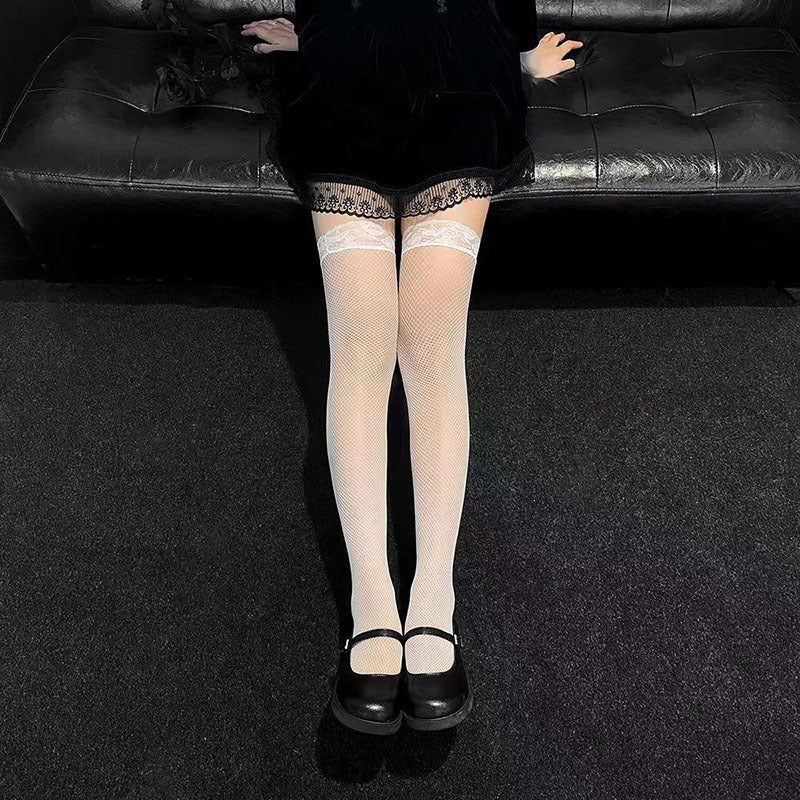 Fishnet Thigh High Stockings Lace Trim Over The Knee Socks Women's Stockings