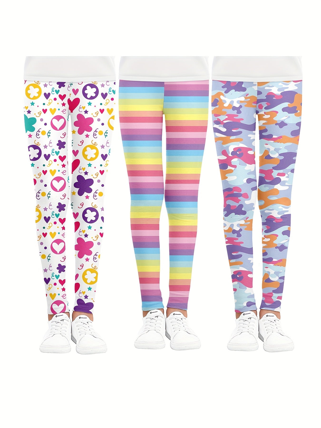 3pcs Girls Striped Camouflage And Heart Flowers Athletic Leggings