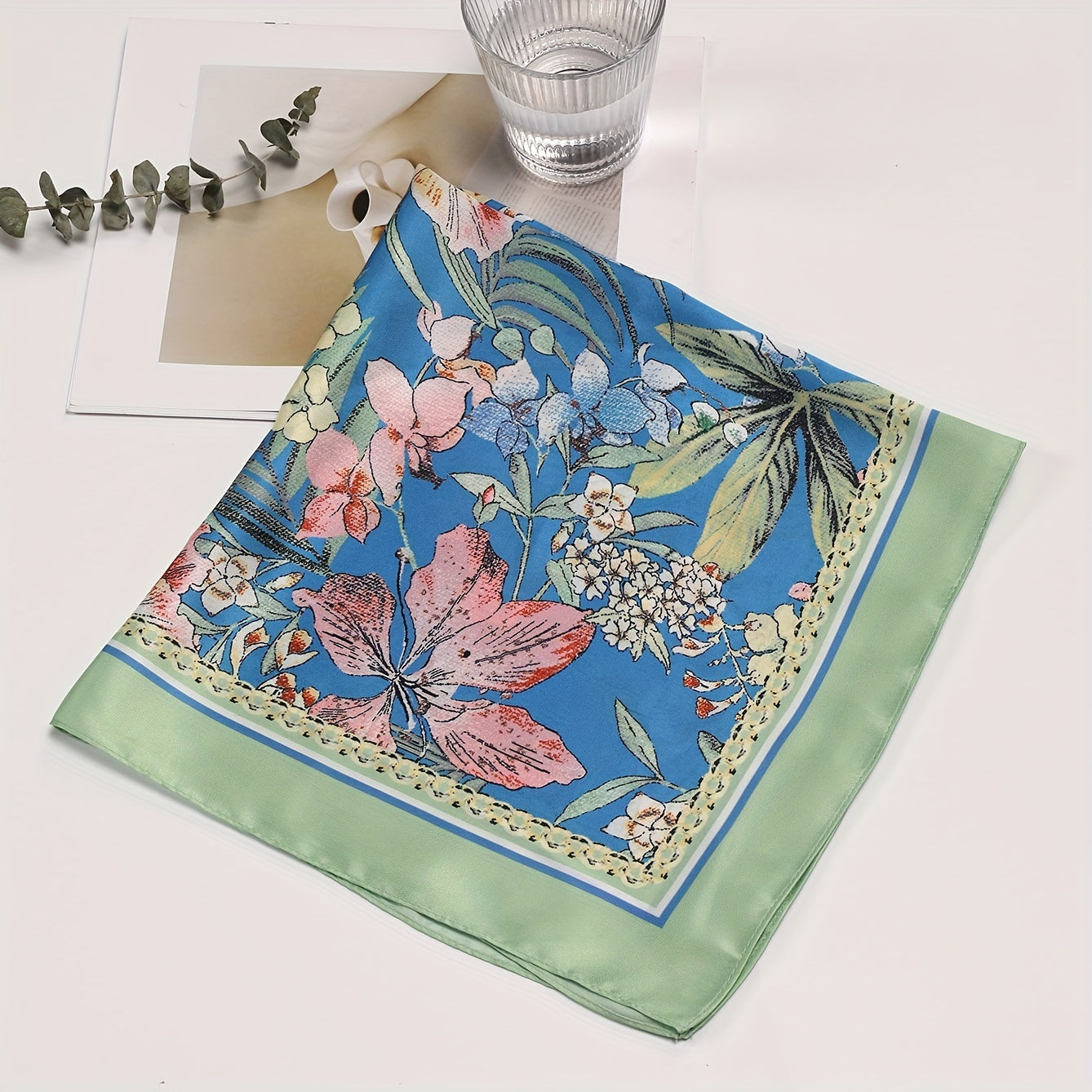 Flower Print Bandana & Green Satin Square Scarf Head Wraps for Women