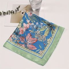 Flower Print Bandana & Green Satin Square Scarf Head Wraps for Women