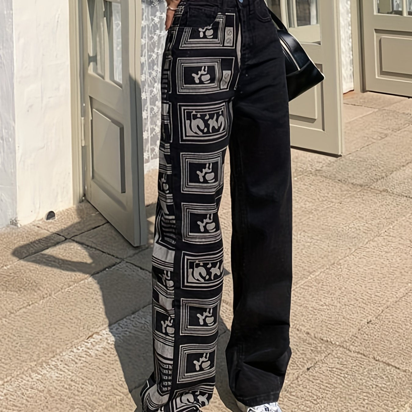 Geometric Print Patchwork Denim High Rise Jeans
