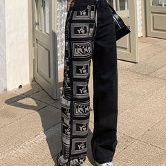 Geometric Print Patchwork Denim High Rise Jeans