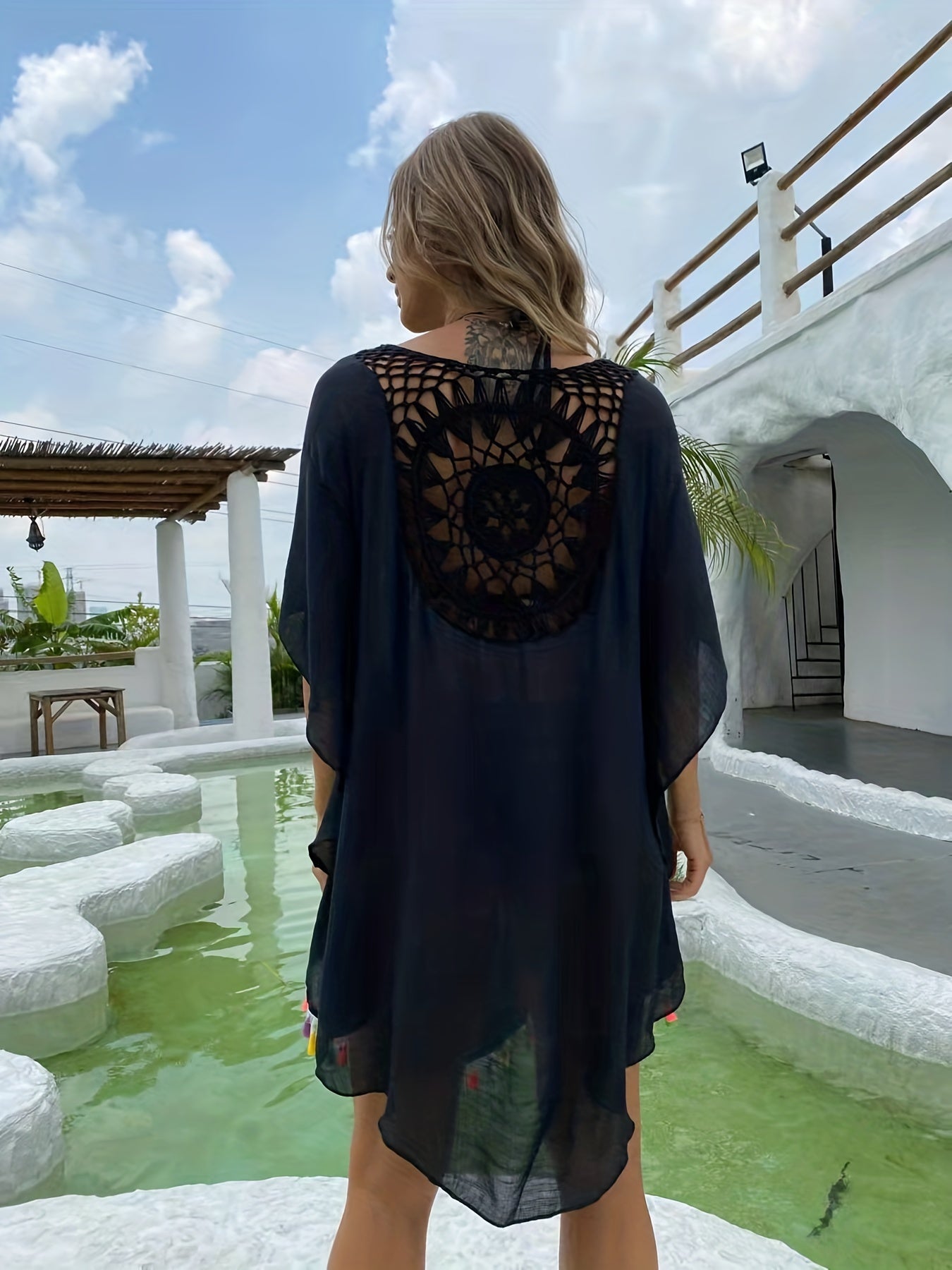 Boho Style Beach Cover Up Dress with Tassel Trim