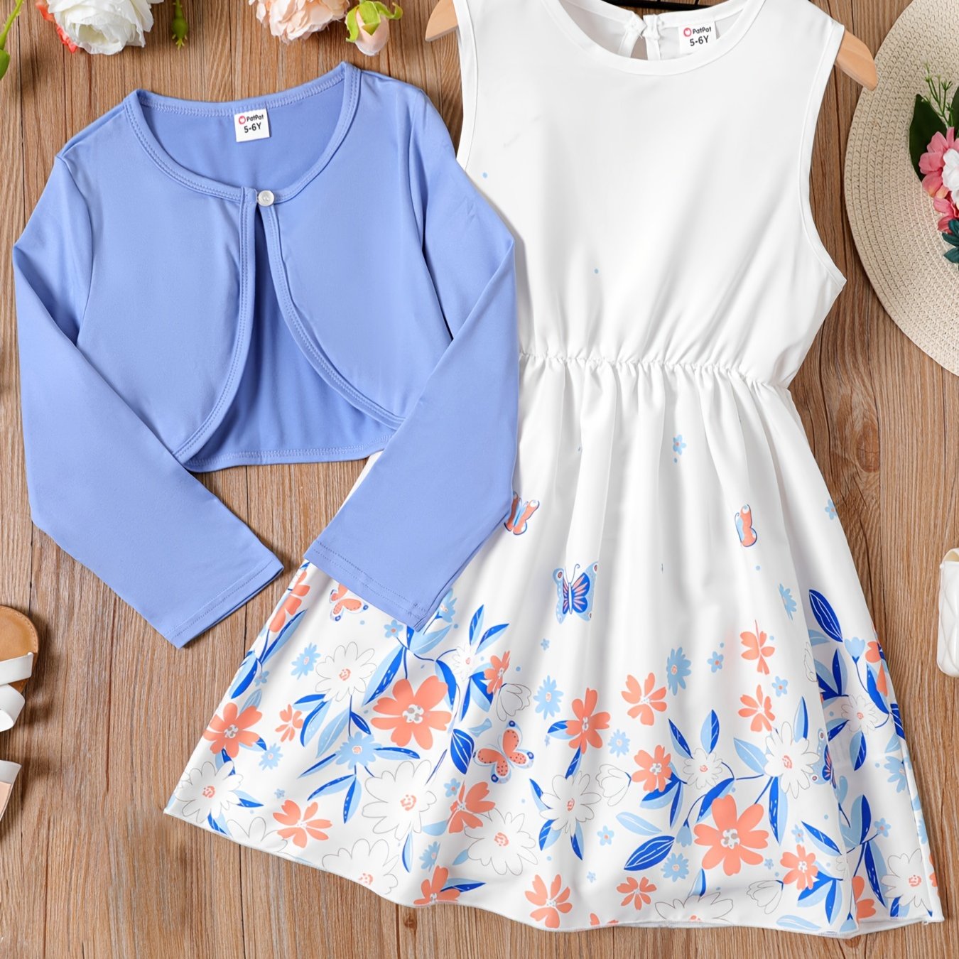2pcs Girl Cardigan & Floral Tank Dress Set for Kids