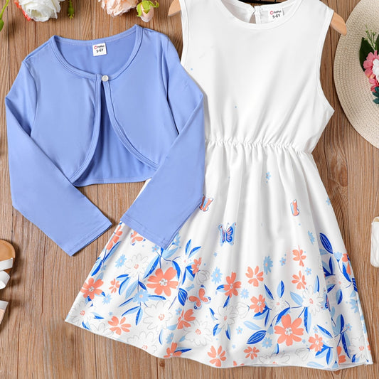 2pcs Girl Cardigan & Floral Tank Dress Set for Kids