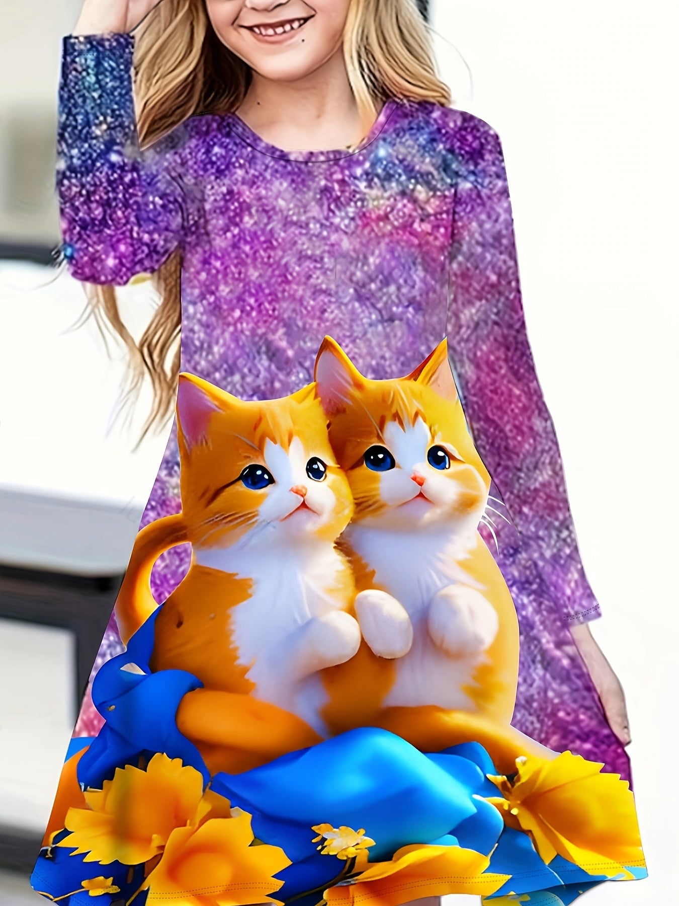 Girls 3D Kitty Long Sleeve Dress for Spring Fall