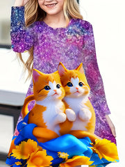 Girls 3D Kitty Long Sleeve Dress for Spring Fall