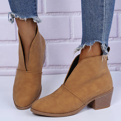Chunky Heel Ankle Boots V Cut Slip On Short Boots Women's Footwear