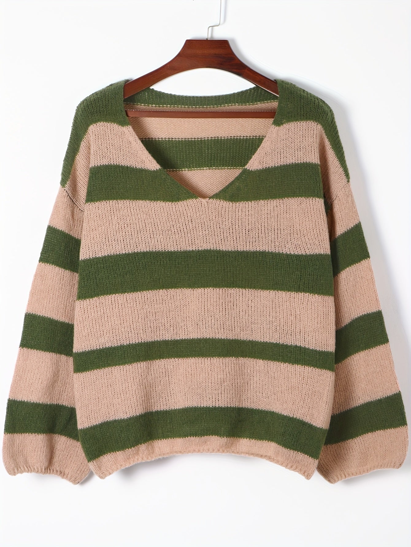 V-Neck Striped Sweater Long Sleeve Loose Jumper