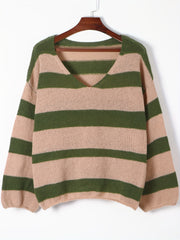 V-Neck Striped Sweater Long Sleeve Loose Jumper