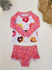 Girls' Donut Graphic Long Sleeve Swimwear Set, 2pcs