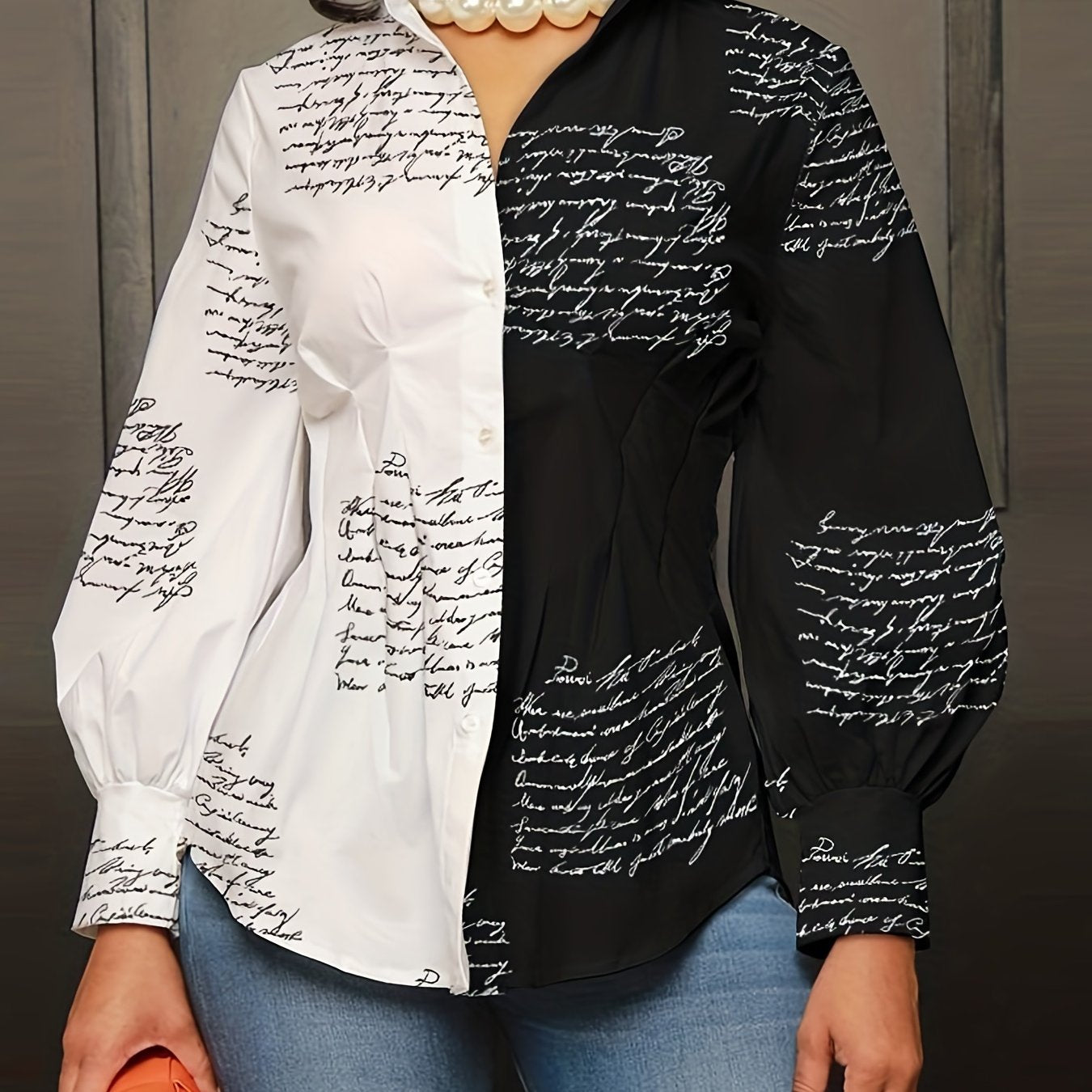 Women's Plus Colorblock Letter Print Long Sleeve Blouse